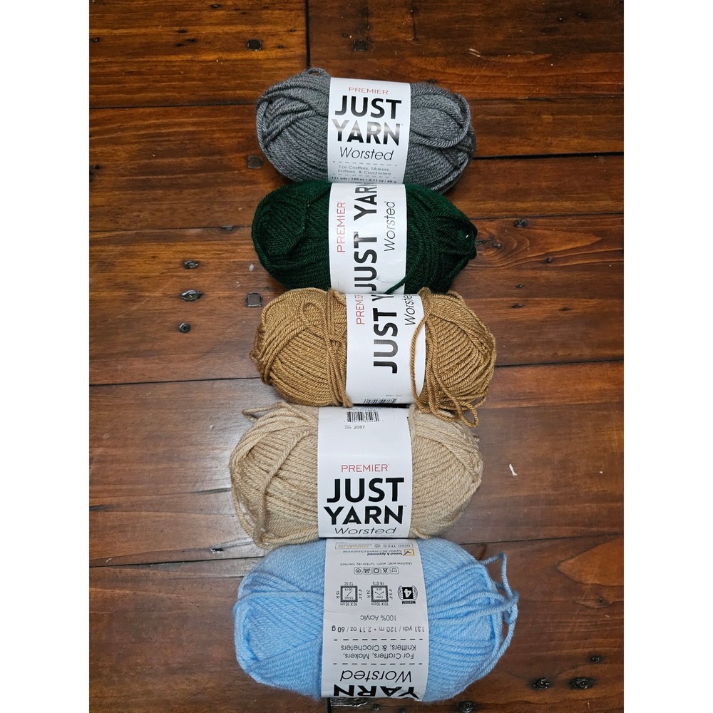 Premier Just Yarn Worsted 100% Acrylic 5 Skein Bundle Grey Green Tan Blue 655yd